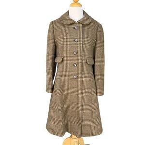 VTG I. Magnin & Co. Brown Houndstooth Plaid Wool Coat Peter Pan Collar GUC Heavy